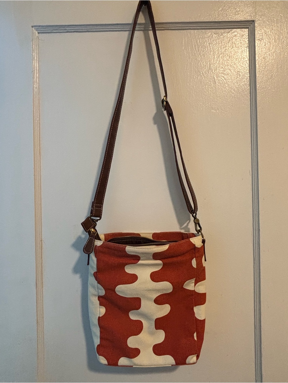 Maika Rust & Cream Abstract Canvas Crossbody with Brown Strap
